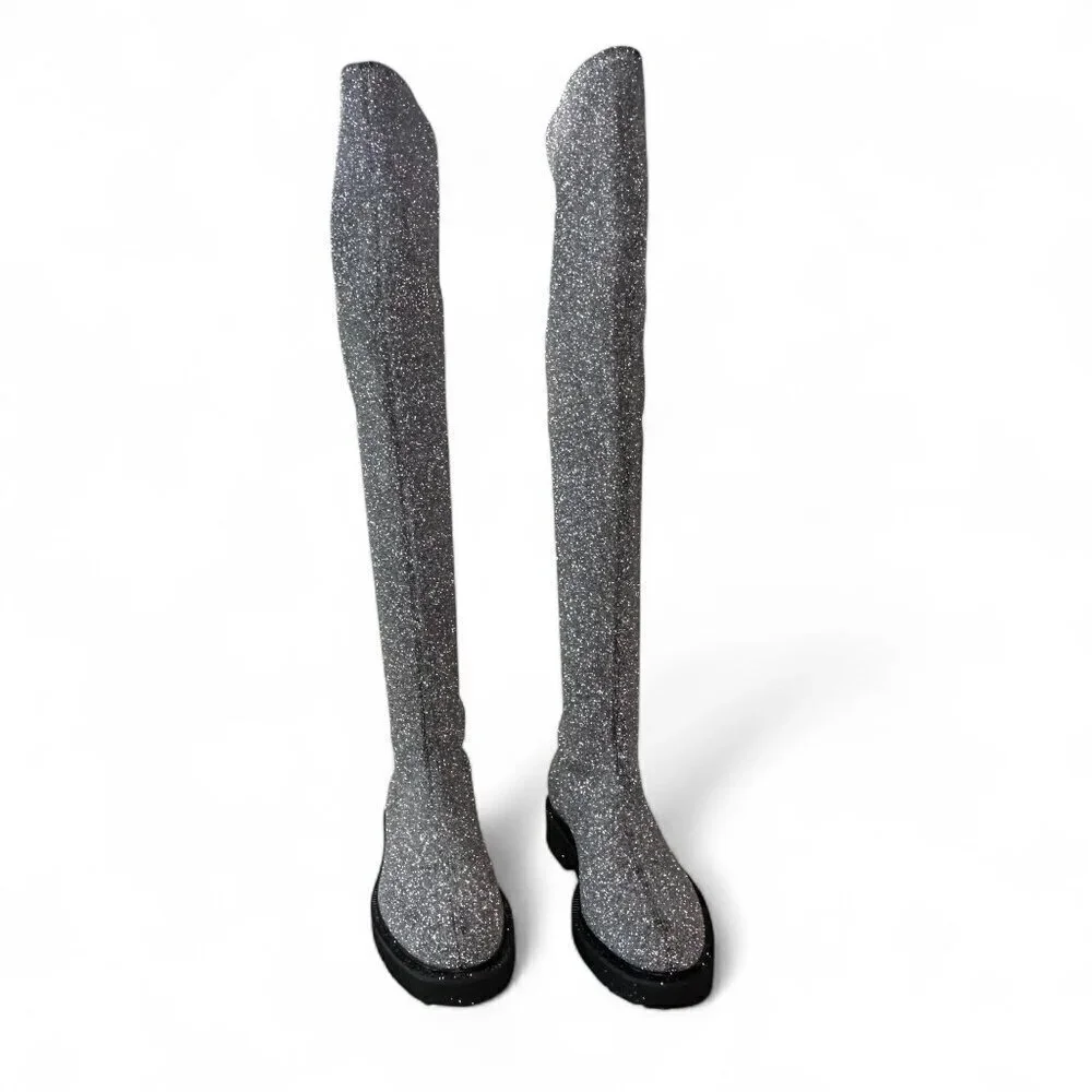 Giuseppe Zanotti Women's Silver Glitter Over-the-Knee Flat Boots Sz 37.5 NWOT